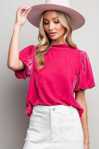 VELVET MOCK NECK PUFF SLEEVE TOP