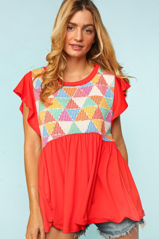 GEOMETRIC SHORT SLEEVE BABYDOLL TOP