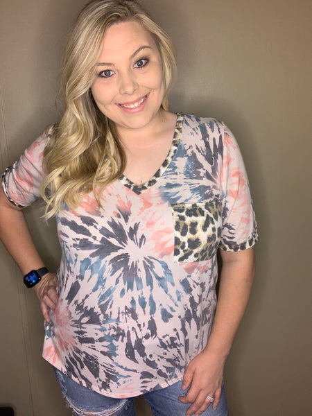 Tie Dye V-Neck W/Leopard Pocket