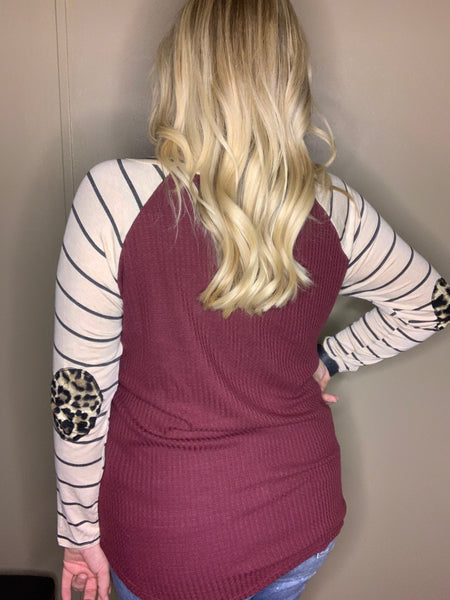 Burgundy Waffle Knit Leopard Elbow Patch