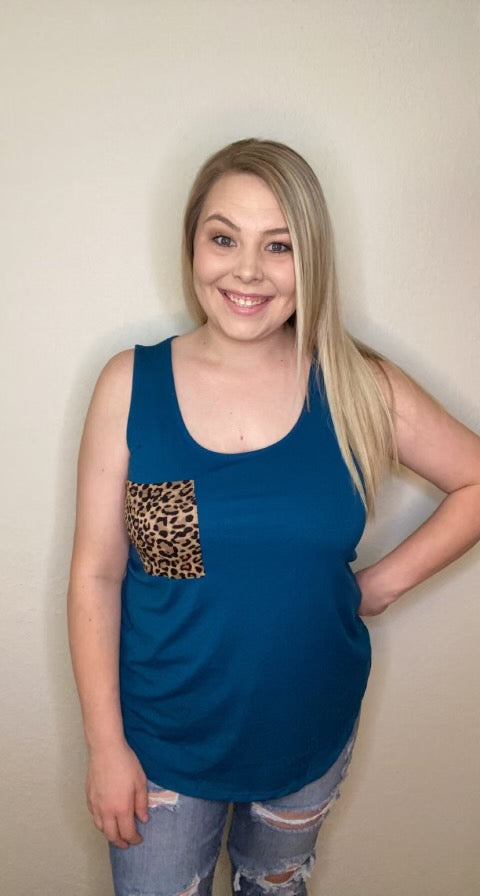 Teal leopard pocket tank