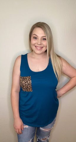 Teal leopard pocket tank